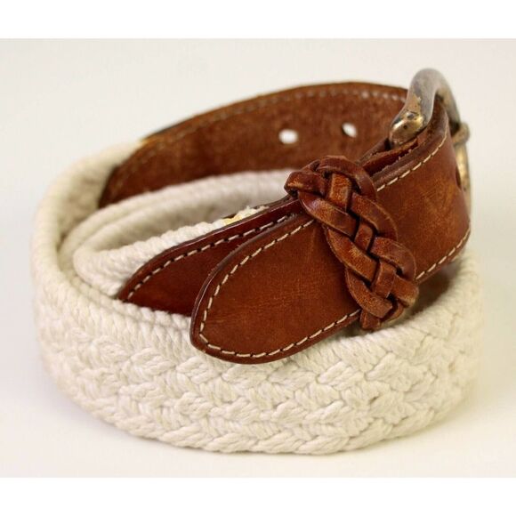 Eddie Bauer BROWN REAL LEATHER 1 1/8"Wd WOVEN WHITE CORD WOMEN'S BELT S/M (A47 - Picture 5 of 9